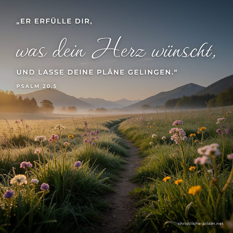 Bibelvers Psalm 20,5: Er erfülle dir, was dein Herz wünscht – Pfad durch Frühlingswiese zu Bergen
