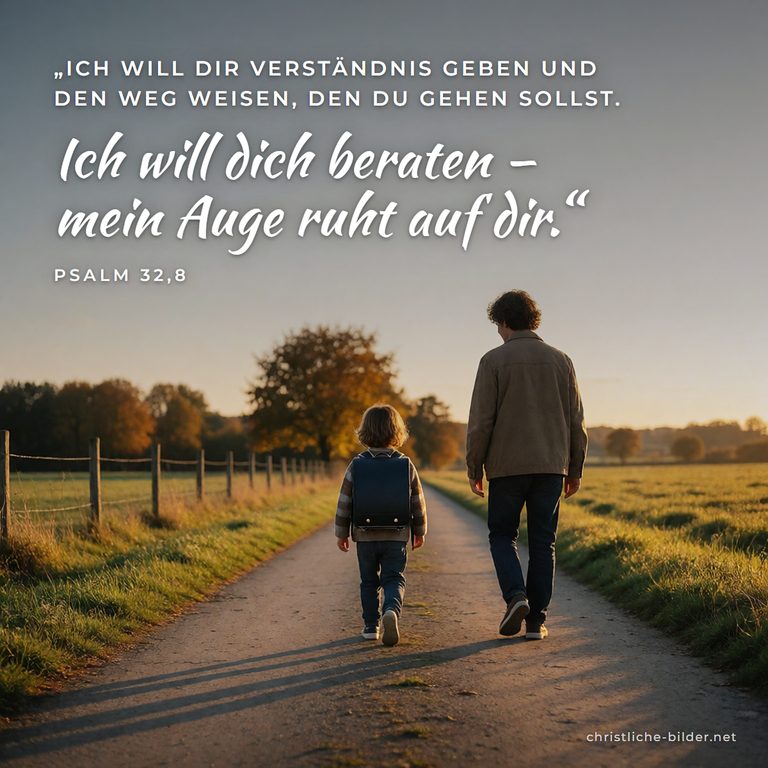 Bibelvers Psalm 32,8: Ich will dich beraten – mein Auge ruht auf dir – Vater begleitet Kind mit Schulranzen