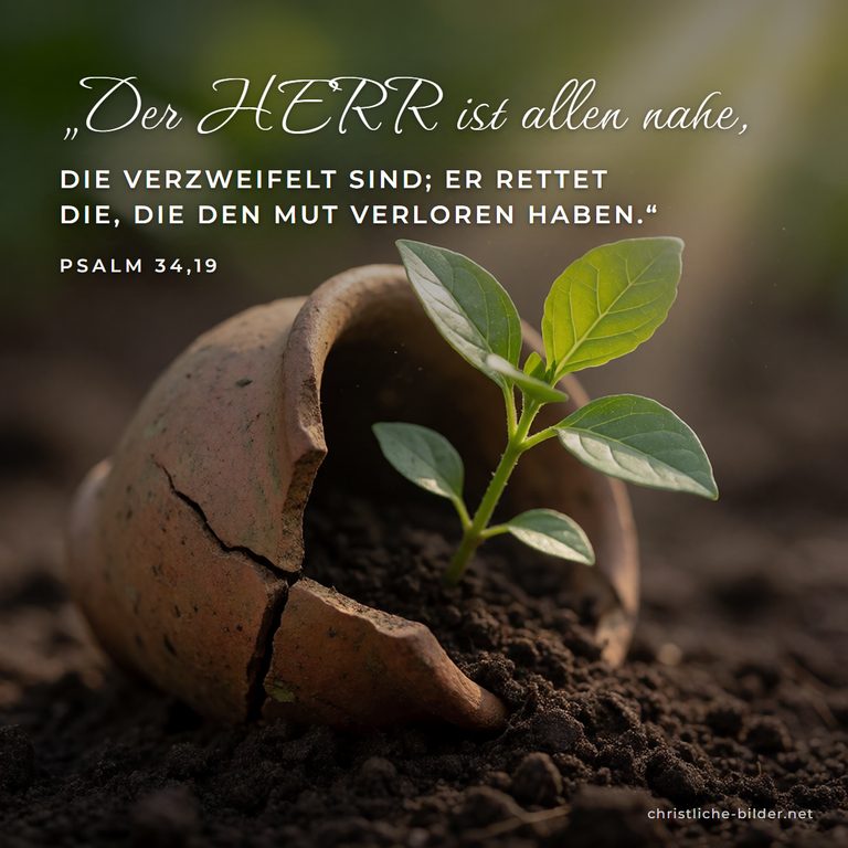 Bibelvers Psalm 34,19: Der HERR ist allen nahe, die verzweifelt sind – Zerbrochener Krug mit Pflanze