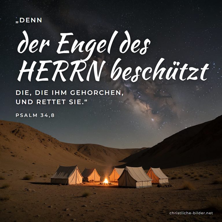 Bibelvers Psalm 34,8: Der Engel des HERRN beschützt die, die ihm gehorchen – Zeltlager unter dem Sternenhimmel