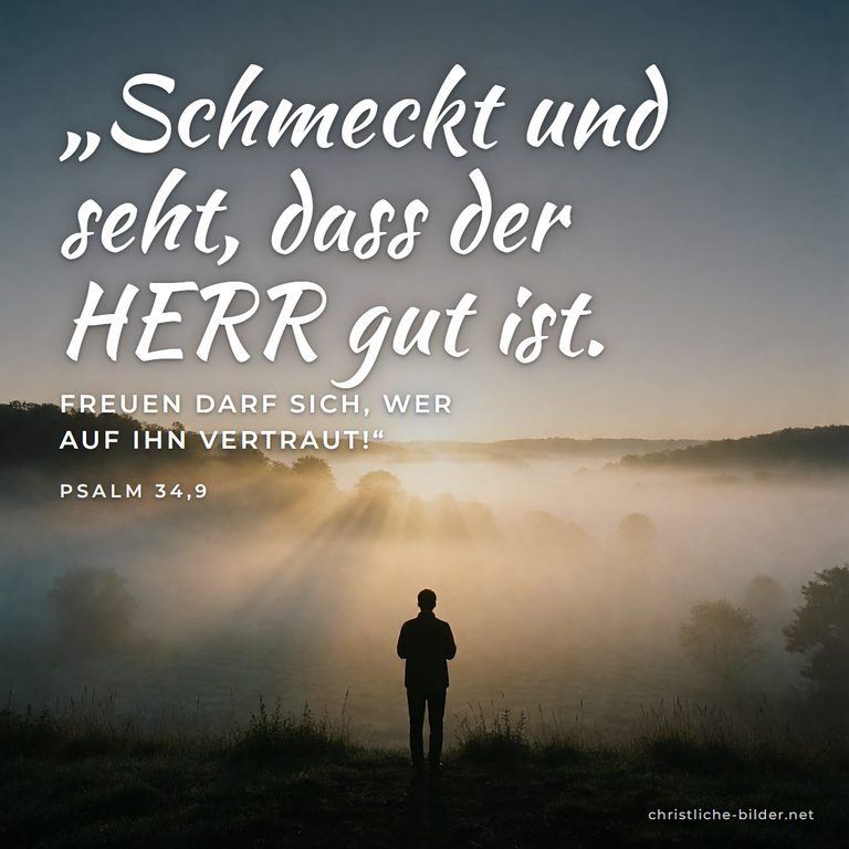 Bibelvers Psalm 34: Schmeckt und seht, dass der HERR gut ist – Mensch über dem Nebeltal am Morgen