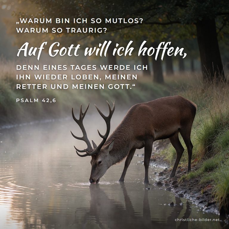 Bibelvers Psalm 42: Auf Gott will ich hoffen – Hirsch trinkt am Waldbach