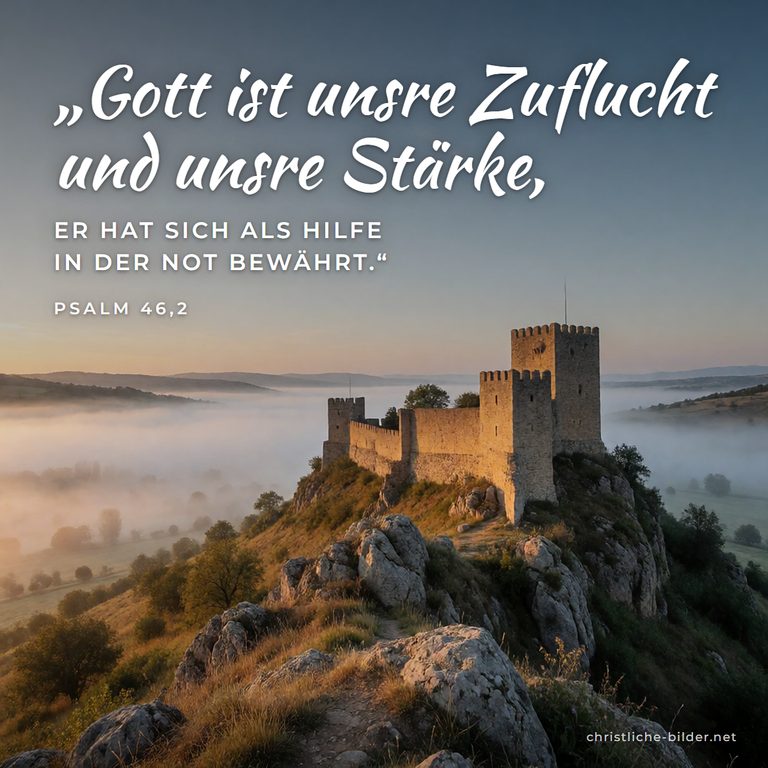 Bibelvers Psalm 46: Gott ist unsre Zuflucht und unsre Stärke – Burg auf dem Felsen im Morgenlicht