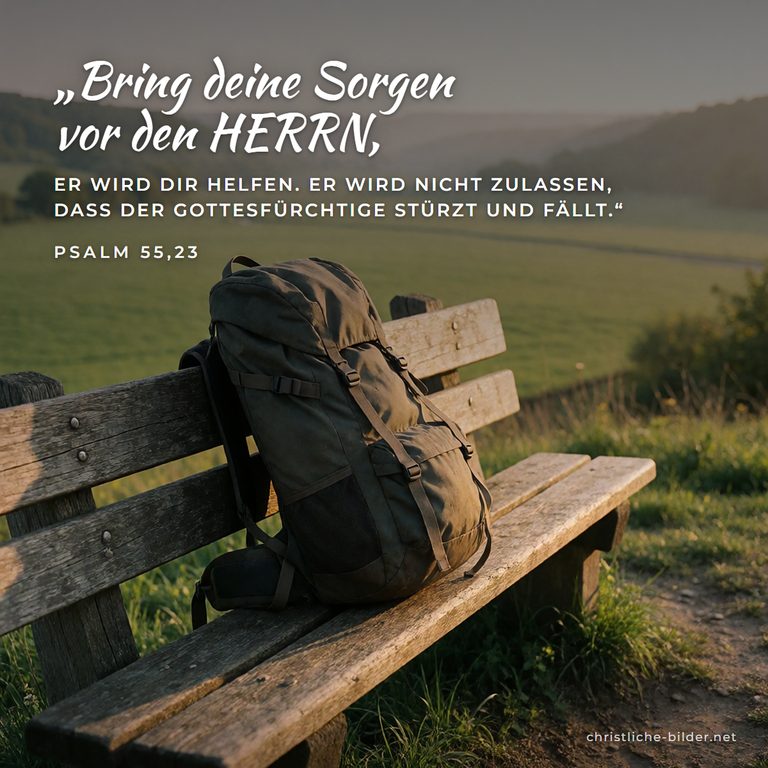 Bibelvers Psalm 55,23: Bring deine Sorgen vor den HERRN – Abgestellter Rucksack auf einer Bank
