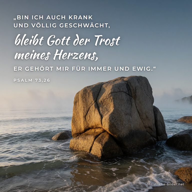 Bibelvers Psalm 73,26: Gott der Trost meines Herzens – Fels an der Küste bei Sonnenaufgang
