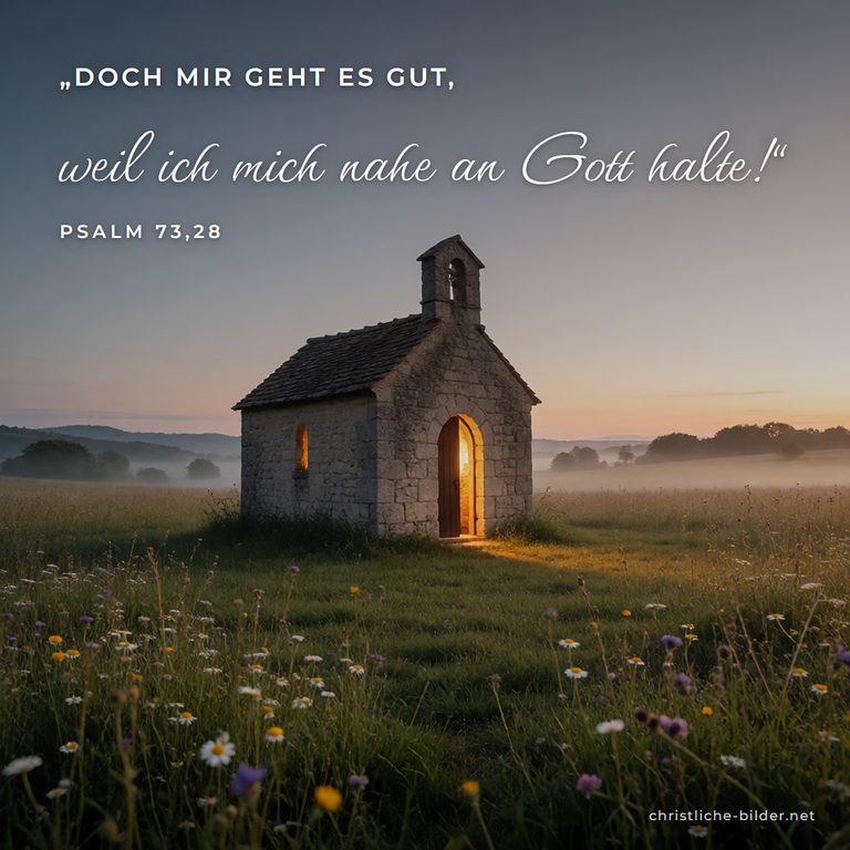 Bibelvers Psalm 73,28: Mir geht es gut, weil ich mich nahe an Gott halte – Kapelle mit leuchtender Tür im Morgenlicht