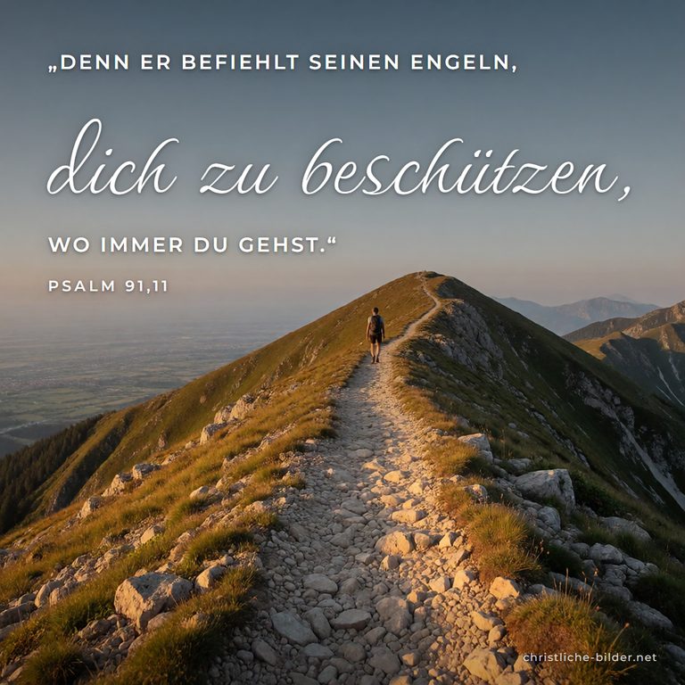 Bibelvers Psalm 91,11: Er befiehlt seinen Engeln, dich zu beschützen – Steiniger Bergpfad im Abendlicht