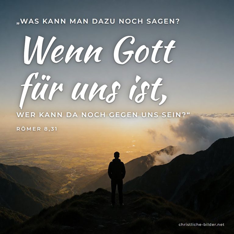 Bibelvers Römer 8,31: Wenn Gott für uns ist – Mensch auf Bergkamm bei Sonnenaufgang