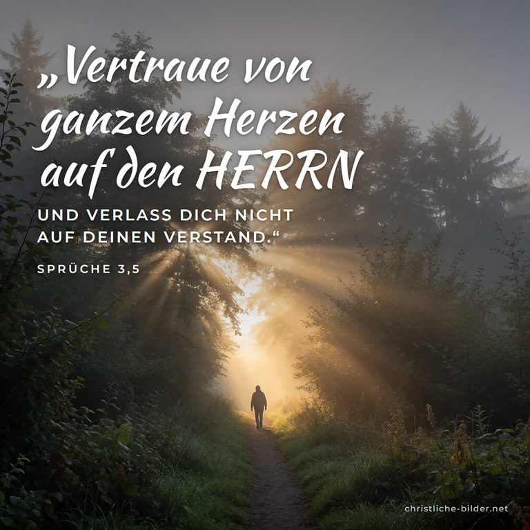 Bibelvers Sprüche 3,5: Vertraue von ganzem Herzen auf den HERRN – Waldweg im Morgenlicht