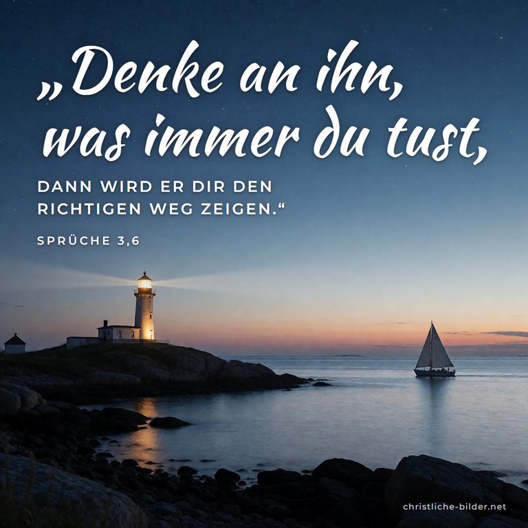 Bibelvers Sprüche 3,6: Denke an ihn, was immer du tust – Leuchtturm und Segelboot in der Dämmerung