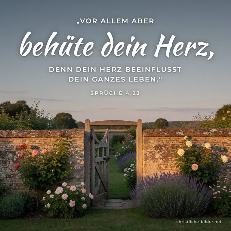 Bibelvers Sprüche 4,23: Vor allem aber behüte dein Herz – Ummauerter Garten im Abendlicht