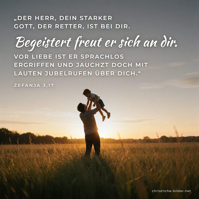 Bibelvers Zefanja 3,17: Begeistert freut er sich an dir – Silhouette: Kind in die Luft gehoben