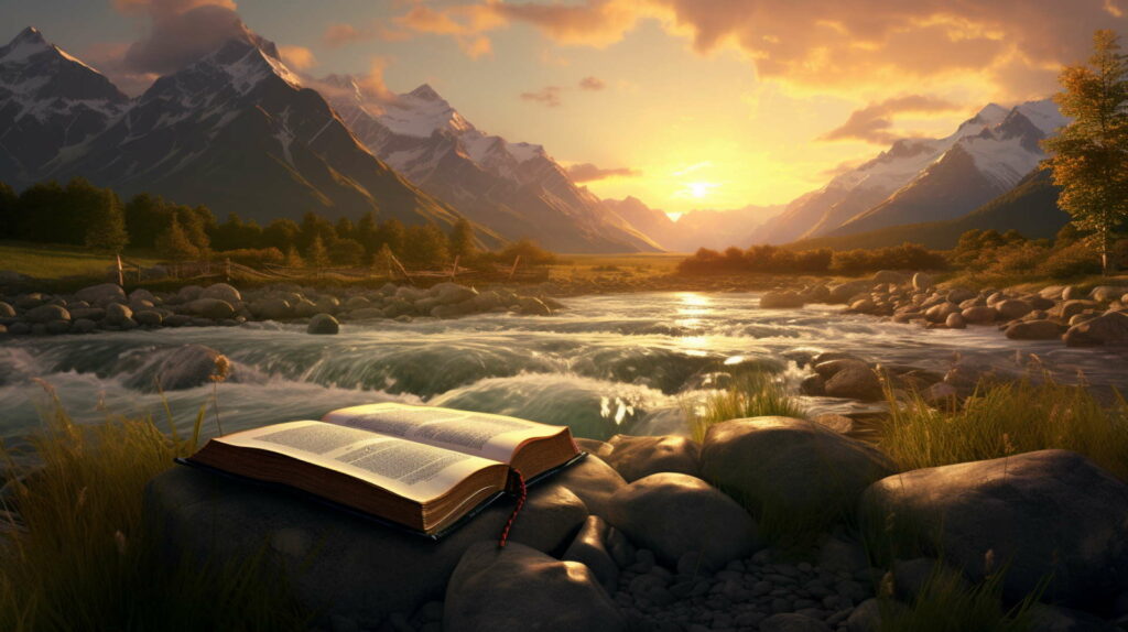 Bibel auf einem Felsen vor Bergen, als Folie für den Gottesdienst